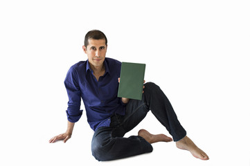 sitting man showing a book