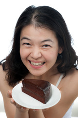 Asian Woman with chocolate cake