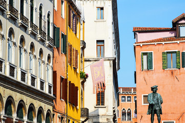 View on Venice center and statue of Italian playwright Carlo Gol