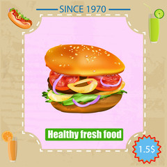 Tasty fresh delicious fast food poster. Vector illustration
