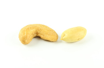 salted cashew nut and salted peanut on white background