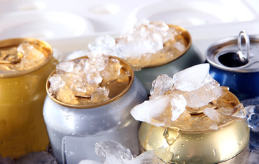Metal tin on with ice close-up