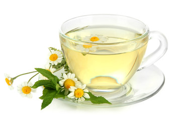 Cup of herbal tea with wild camomiles and mint, isolated