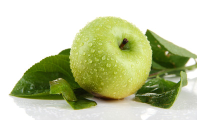 Juicy green apple with leaves, isolated on white