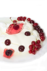 curd with  currant, cherry on  plate isolated white backgrownd