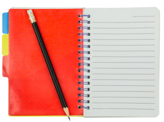 notebook with red bookmark and pencil