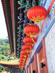 red Chinese lanterns of Yuen Yuen Temple, Hong Kong © mary416