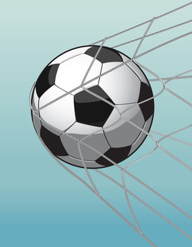 soccer ball in the goal net on the blue background.