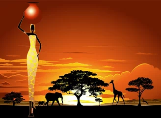 Acrylic prints Draw African Woman on Savannah Sunset-Donna Africata nel Tramonto