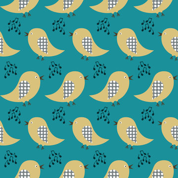 Seamless pattern with singing birds on a dark background
