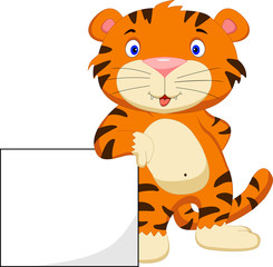 baby tiger cartoon and blank sign