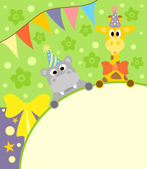 Background card with funny hippopotamus and giraffe