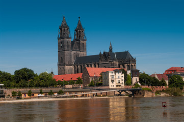 Fototapeta premium Flooding in Magdeburg, Cathedral at river Elbe, June 2013