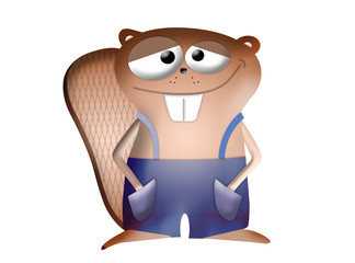 Cartoon illustration of brown beaver with blue overalls