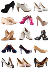 Collection  of  female shoes over white.  female footwear