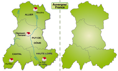  Freigestellte Karte der Auvergne mit Departements