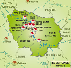 Karte von Île-de-France mit Departements und Umland