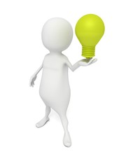 3D Man with Green Lighting Bulb on White Background