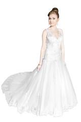 Fototapeta na wymiar bride in white dress standing at full length on white
