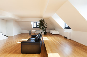 Interior, beautiful loft, hardwood floor, view living room
