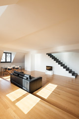 Interior, beautiful loft, hardwood floor, view living room
