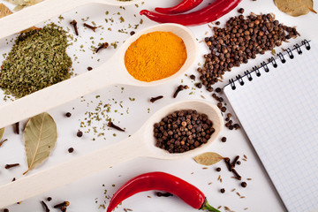 notebook, red chilli pepper, spices in spoons