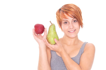 young woman showing apple and pear