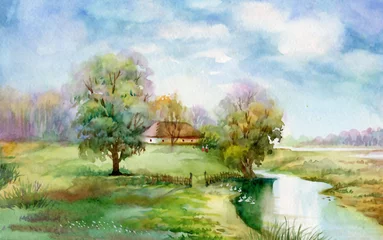 Gordijnen Watercolor Landscape Collection: Village Life © Nadiia Starovoitova