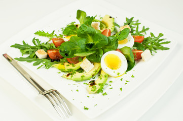 fresh salad with avocado, egg and croutons