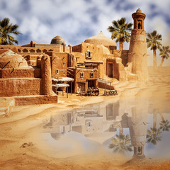 Old fantasy city and lake in the desert