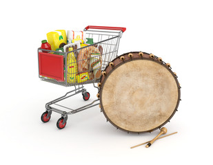 3d shopping cart with food and drink and ramadan drum - isolated