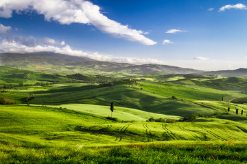 Fototapeta premium Beautiful view of the sunset over the valley in Tuscany