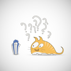 Surprised cat with gift and question, vector illustration