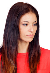 Attractive brunette girl dressed in red