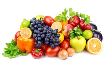 Fototapete Gemüse Satz verschiedenes Obst und Gemüse auf weißem Hintergrund