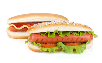 Two hot dogs with various ingredients
