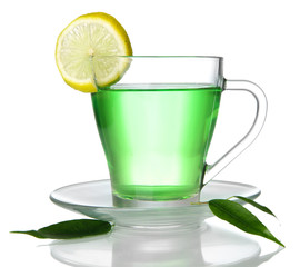 Transparent cup of green tea with lemon, isolated on white