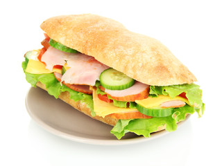 Fresh and tasty sandwich with ham and vegetables isolated
