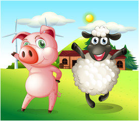 A pig and a sheep dancing at the farm with a windmill