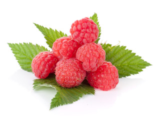 Fresh raspberry heap on leaves