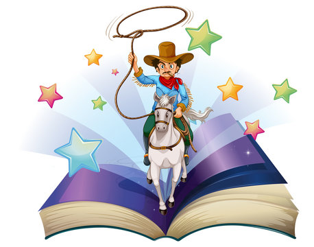 An open book with an image of a cowboy riding on a horse