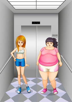 A fat and a slim girl inside the elevator