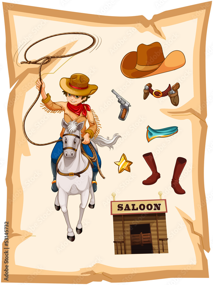 Wall mural A paper with a drawing of a cowboy and a saloon bar