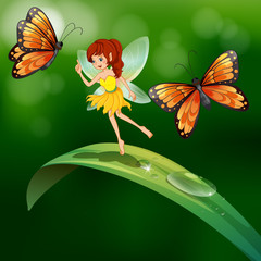 Une fée debout dans une feuille avec des papillons