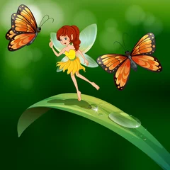 Photo sur Plexiglas Fées et elfes Une fée debout dans une feuille avec des papillons