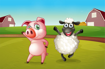 A pig and a sheep dancing at the farm