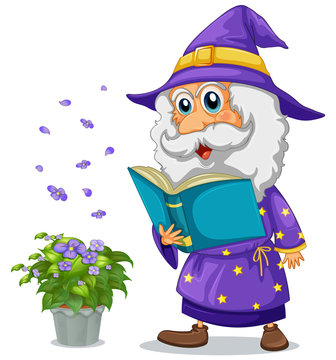 A wizard holding a book beside a pot with plant