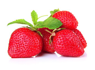Ripe sweet strawberries and mint, isolated on white