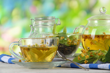 Kettle and cup of tea with linden
