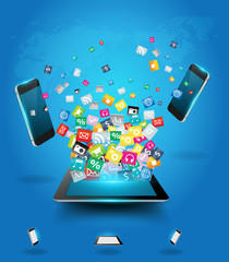 Tablet computer with mobile phones cloud application icon